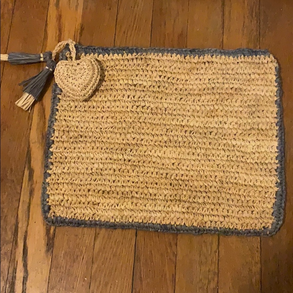 Aerin raffia blue edge clutch